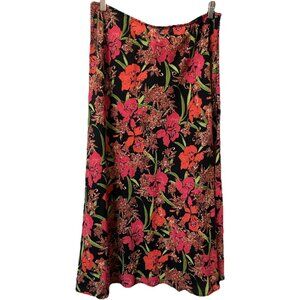 Y2K Croft & Barrow Midi Skirt Womens 18 Linen Black Red Floral Hibiscus Flared